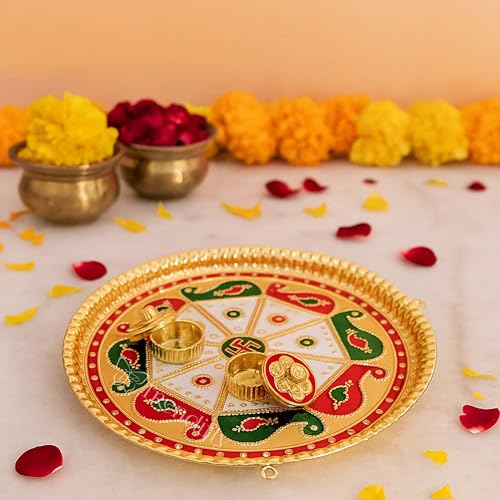 Trendifly Handmade Meenakari Decorative Pooja Rakhi Thali Set with Kumkum Chandan Haldi Holder | Gold Plated Multicolor Puja Thali for Home Mandir Temple | Diwali Pooja Wedding Return Gift Favors