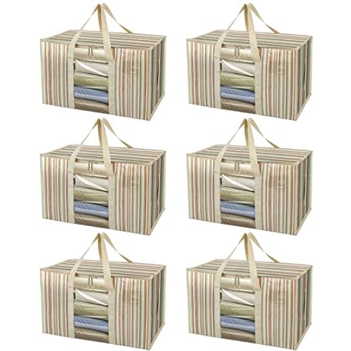 BALEINE 6-Pack Oversized Moving Bags with Reinforced Handles, Heavy-Duty Storage Tote Moving Supplies for Packaging, Camping (Color Stripe, 6-Pack) 6-Pack Color Stripe-window