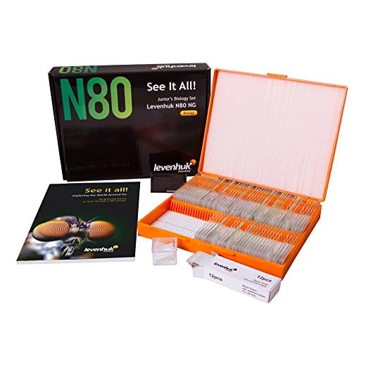 Levenhuk N80 NG See It All Slides Set of 80 Prepared Microscope Slides, 20 Blank Slides, 20 Cover Slips and a Full-Color Guide
