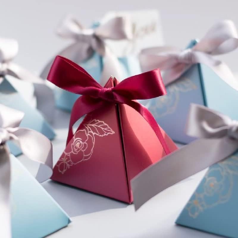 New Triangular Pyramid Candy Box Wedding Rose Paper Gifts Boxes with Card & Ribbon Candy Bags for Guests Chocolate Packaging Box (Blue,100pcs)