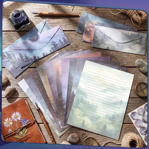 Image of TaoBary 160 Pcs Stationery Paper Kit 50 Double Sided Stationery Papers with 50 Matching Envelopes and 60 Round Dot Sticker, 10 Design(whimsical Watercolor Illustration Starry Night, 8.5 x 11 Inch)