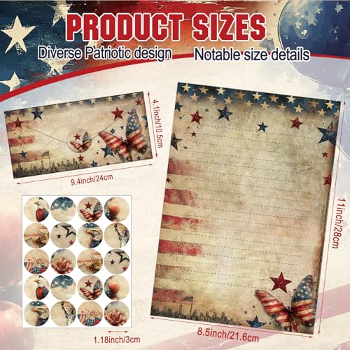 Image of TaoBary 160 Pcs Patriotic Stationery Paper and Envelopes Set 50 Double Sided Lined Stationery Paper with 50 Matching Envelopes and 60 Round Dot Sticker 8.5 x 11'' Letter Writing Kit, 10design