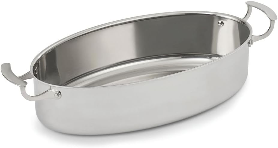 Vollrath Miramar 7 3/10 qt Oval Tri-Ply Stainless Steel Au Gratin Pan - 16"L x 9"W x 4"H
