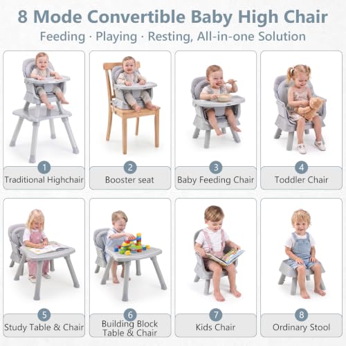 Image of INFANS 8-in-1 Baby High Chair, 10 Months+, Convertible Highchair, Polypropylene, Grey, 10x10x10 cm, 2 kg, 10 kg Weight Capacity, Portable, Assembly Required