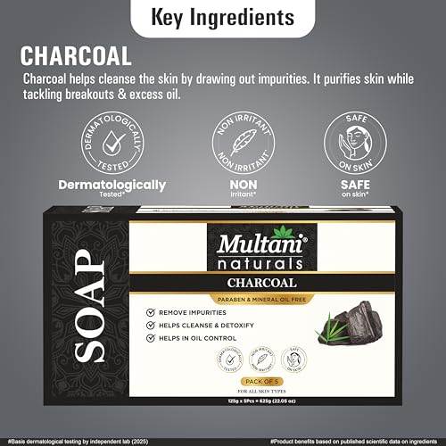 Image of Multani Natural Charcoal Soap For Oily Skin - 125 gm (Pack Of 5) | For Blackheads & Acne Prevention | For Deep Cleansing & Glow | Paraben Free | Clinically Tested | For All Skin Types | Glycerin Soap Bar For Men & Women
