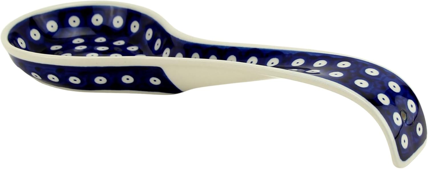 Polish Pottery Market 12” Long Handmade by Zaklady Boleslawiec Poland, Cute Spoon Rest for Stovetop, European kitchen décor, Ladle Holder (Polka Dot)