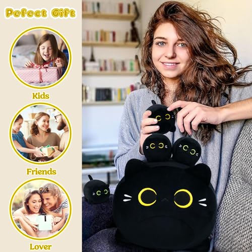 5 PCS Black Cat Plush Toys- Black Cat Plush Stuffed Animal Family, Cute Black Cat Mommy Cat with 4 Baby Kittens Cat Plushies for Kids, Kawaii Cat Plush Toy Birthday Gifts for Kids Boys Girls