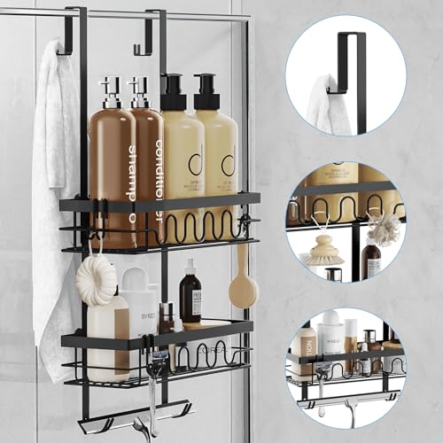 Duschablage ohne Bohren, Duschablage zum Hängen für Duschwand, Duschregal ohne Bohren mit 2 Duschkörben, Duschregal zum Hängen Shampoo Halterung für Dusche Schwarz