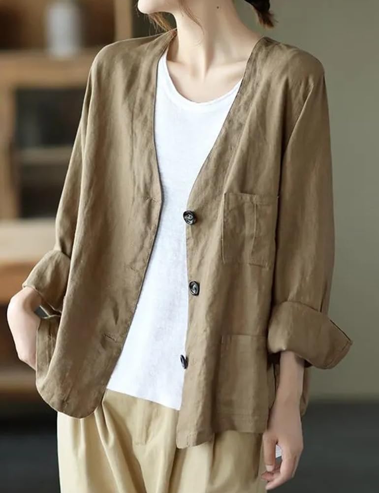 Blazer Oversize in Cotone e Lino da Donna Manica Lunga con Scollo a v Casual Leggero Blazer Primaverile Cardigan Blazer Cardigan Business Casual Blazer