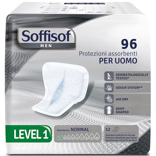 Soffisof Men Level 1 - Compresas de incontinencia para hombres - 96 compresas higiénicas - 8 paquetes de 12 compresas, 2 gotas - incontinencia leve