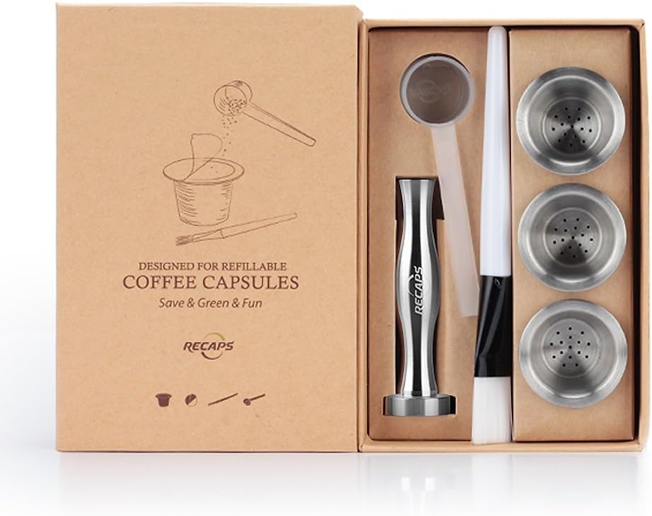 Reusable Coffee Filter Capsules Compatible with Nespresso Original 3PCS Refillable Coffee Pods Permanent Coffee Filter Stainless Steel 120PCS Aluminum Foil Lids Coffee Tamper