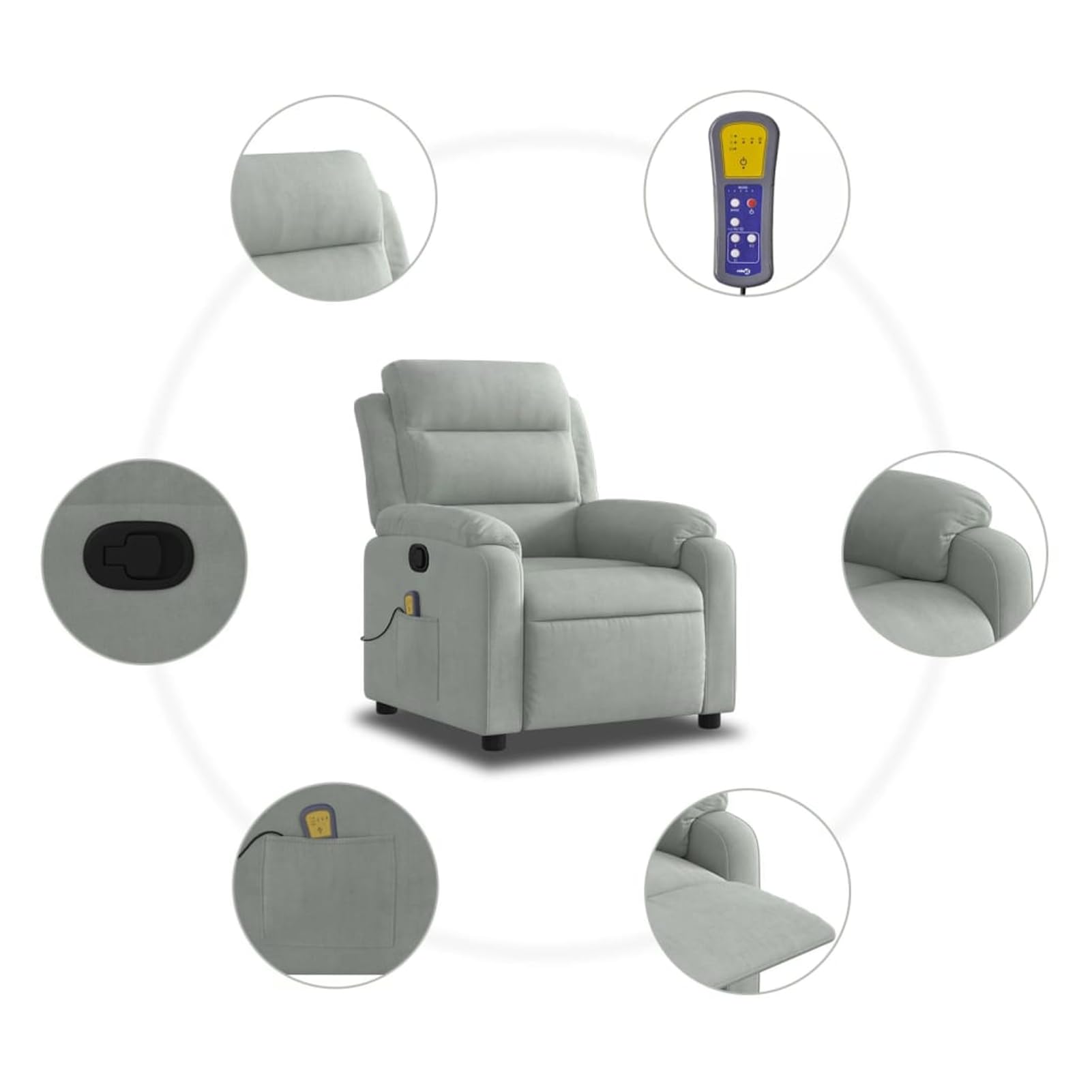 Tidyard Massage-Relaxsessel, hellgrauer Samt, Armlehnensessel Relaxsessel TV-Sessel Fernsehsessel für Wohnzimmer Schlafzimmer3206172