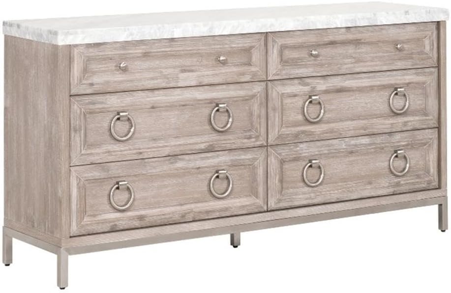 Pemberly Row Contemporary Marble Top 6-Drawer Double Wood Dresser, 71" W x 19" D x 37" H, Natural Gray Acacia and White Carrera Marble, Felt-Lined Top Drawers, Transitional Bedroom Storage with Metal