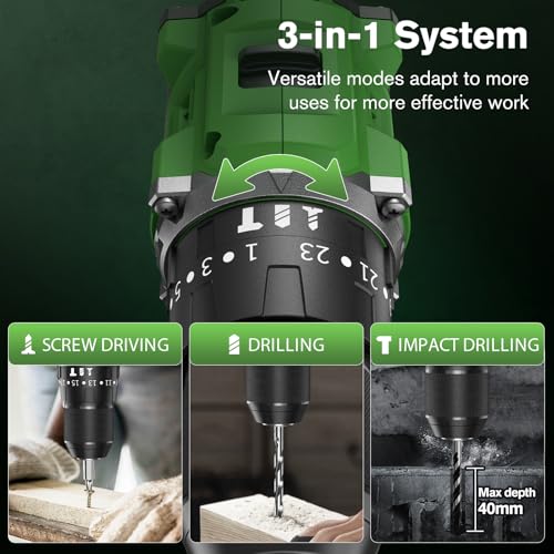 Ginour 21V Brushless Cordless Combi Drill Set, 2x1.5Ah, Hammer Drill 50Nm, compatible with Makita 18V Battery, 23+3 Torque, 2 Speed, 48PCS Electric Screwdriver kit, Impact drill for Masonry Wood Metal - Image 4