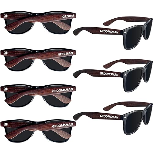 PartyGifts&beyond 7 Pcs Bachelor Party Groomsmen Sunglasses Wedding Sunglasses Favors for Groom Best Man Groomsman Gifts (Wood-tone Color)