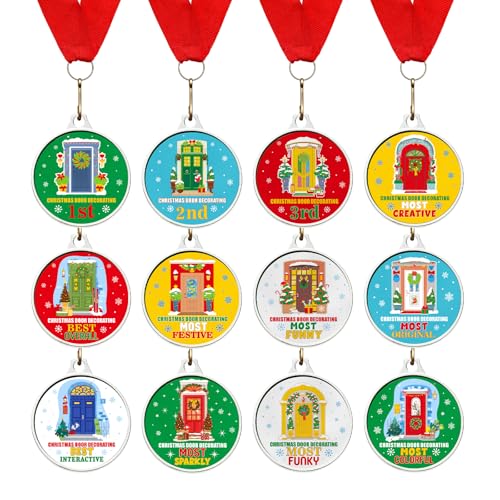 Cholemy 12 Pcs Christmas Door Medal Awards 2'' 12 Style Christmas Door Decorating Contest Prizes Medals for Xmas Decorating Party Ornament Supply
