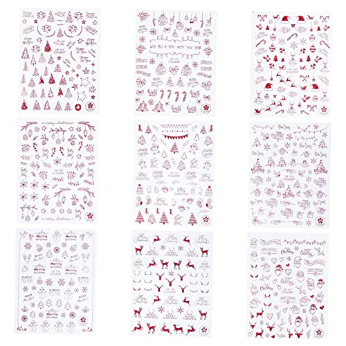 Healvian 9 Hojas Chicle navideño 3d pegatinas navideñas para uñas pegatinas navideñas uñas decoraciones de uñas para nail art calcomanías de uñas etiqueta engomada del clavo 3d rojo