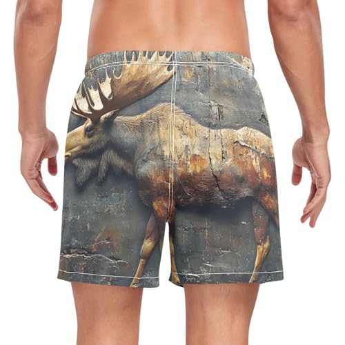 Moose Wall Painting Retro Mens Swim Trunks with Liner, Cool Quick Dry Beach Swim Shorts, Swimwear Bathing Suits S2