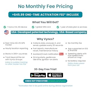 Vyncs - GPS Tracker for Vehicles, [No Monthly Fee], 4G LTE, Vehicle Location, Trip History, Driving Alerts, GeoFence, Fuel Economy, OBD Fault Codes, USA-Developed, Family or Fleets