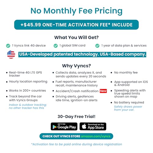 Image of Vyncs - GPS Tracker for Vehicles, [No Monthly Fee], 4G LTE, Vehicle Location, Trip History, Driving Alerts, GeoFence, Fuel Economy, OBD Fault Codes, USA-Developed, Family or Fleets