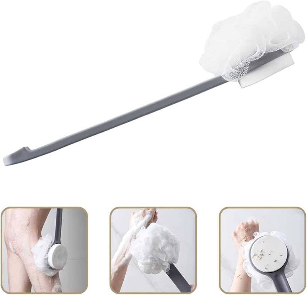 Dual-Sided Back Scrubber Bath Brush with Long Handle, Exfoliating Body Scrubber for Shower and Dead Skin Removal, Gray Bathroom Bath Brush Suitable for Wet Dry Use Random Color
