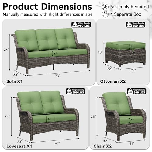 Image of 6 Piece Outdoor Wicker Patio Furniture Set, Patio Chairs Set with Thickened Olefin Cushions, High Back and Deep Seating, Hand-Woven PE Rattan, Ottoman for Porch, Deck