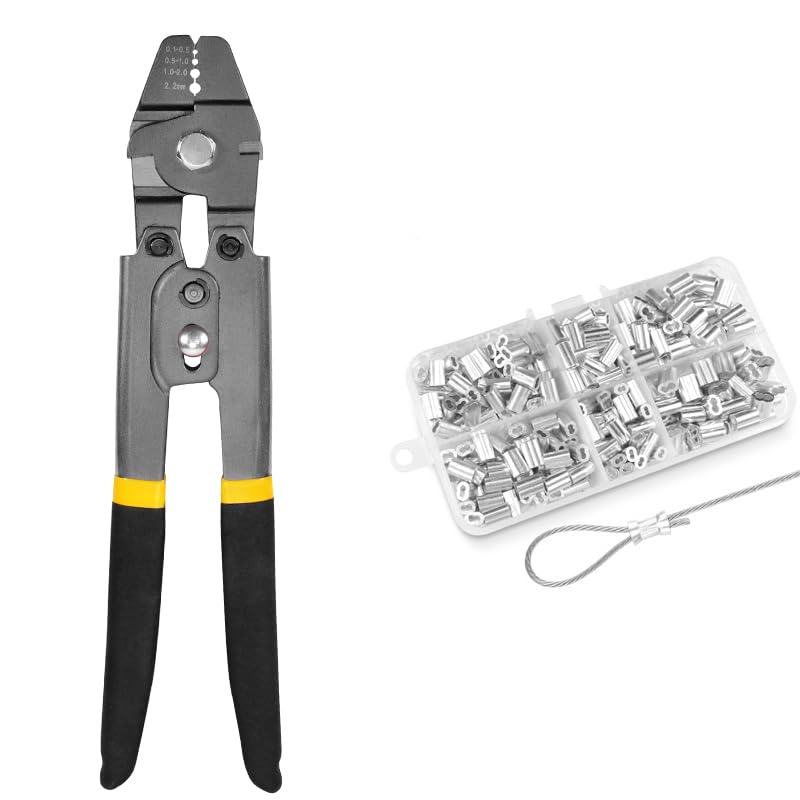 LZIAE 1.2mm-2.0mm Wire Rope Crimping Tool Kit，Stainless Steel Wire Rope Cable with 300Pcs 3 Size Aluminum Double Barrel Ferrule Crimping Loop Sleeve
