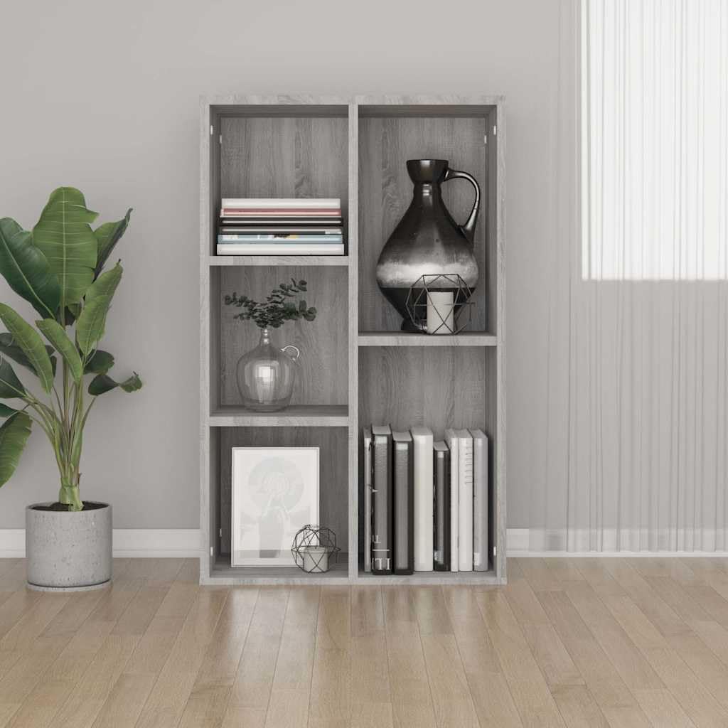 Bücherregal Grau Sonoma 50x25x80 cm aus Holzwerkstoff, 5-Fach Seitenregal als Sideboard nutzbar, vielseitiger Bücherständer für Wohnzimmer, einfache Reinigung mit feuchtem Tuch