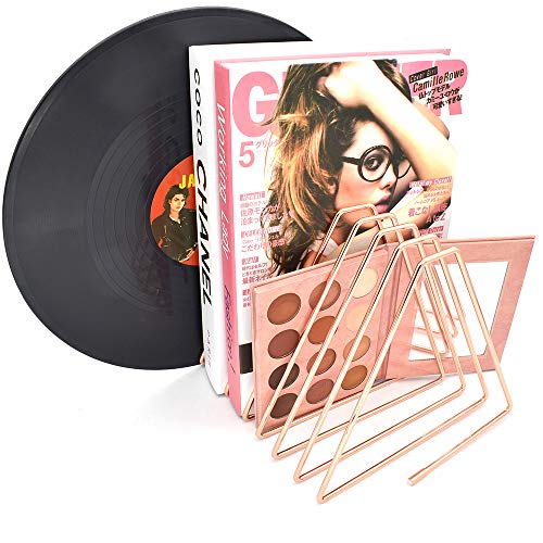 Adjustable 7-Slots Desktop Magazine File Holder, Triangle Metal Wire Record/Book Organizer Rack, File Folder Organizer Sorter, Vinyl/Magazine Storage, Display Rack for Decoration/Office (Rose Gold)