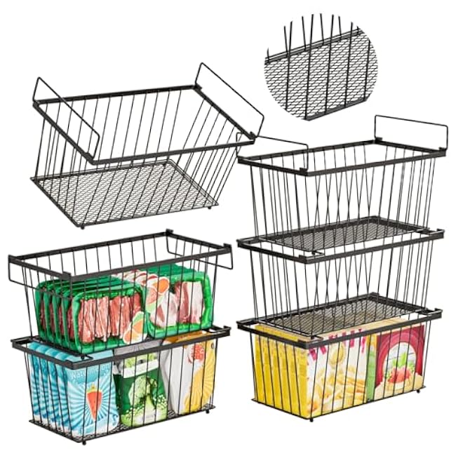 6 Pack Stackable Deep Freezer Organizer Bins £¬Upgraded Bottom Leak-Proof net£¬Encryption and Hardening and 4PCS-U-Shaped Stackable Wire Baskets, Suitable for Storage Shelves