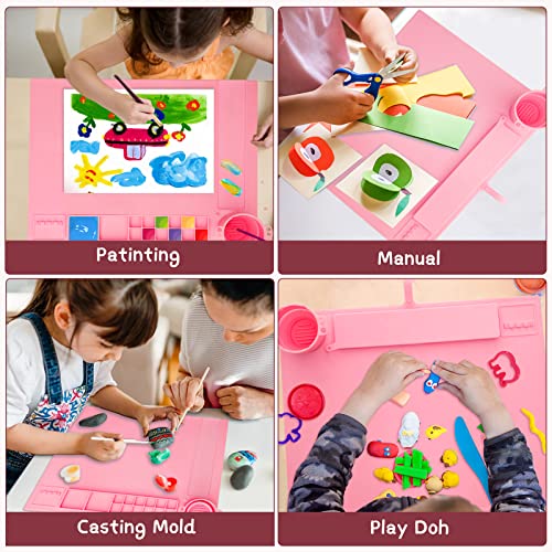 Silicone Painting Mat for Table Protection, 20"x16" Non-Slip Silicone Craft Art Mat with Cup and Lid for Painting, DIY, Resin, Clay, Pink