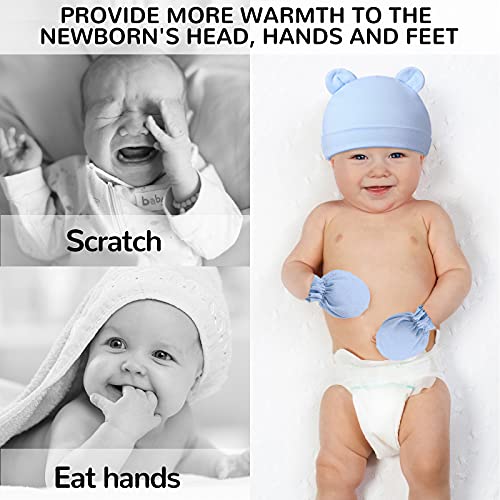 8 Pieces Newborn Baby Hats And Mittens Set, Cute Bear Ears Beanies Infant Beanie Hats No Scratch Baby Mittens Unisex Infant Mitten Gloves For 0-6 Months Baby Boys Girls #TOP6