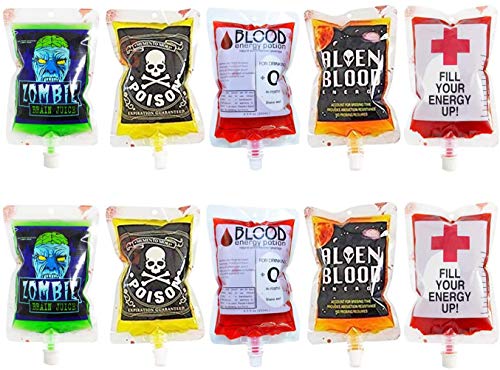 Megrocle 10 Pack Novelty Blood Bags For Drinks Container, Reusable Food Grade Bags 8.5Oz With Cap, 5 Patterns Halloween Party Cups For Theme Parties, Zombie, Vampire Party Favors #TOP5