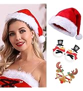 Vakkery Christmas Hats Adult Plush Santa Hat with 2pcs Glitter Glasses Xmas Costume Headwear Chri...