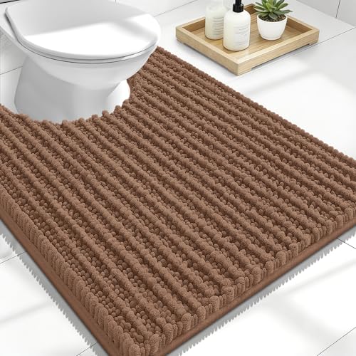 Image of OLANLY Toilet Rugs U Shaped 24x20, Thick Soft and Absorbent Chenille Contour Bath Mat, Non-Slip Rubber Backing, Machine Washable Quick Dry Toilet Mat, Home Decor Accessories, Mocha