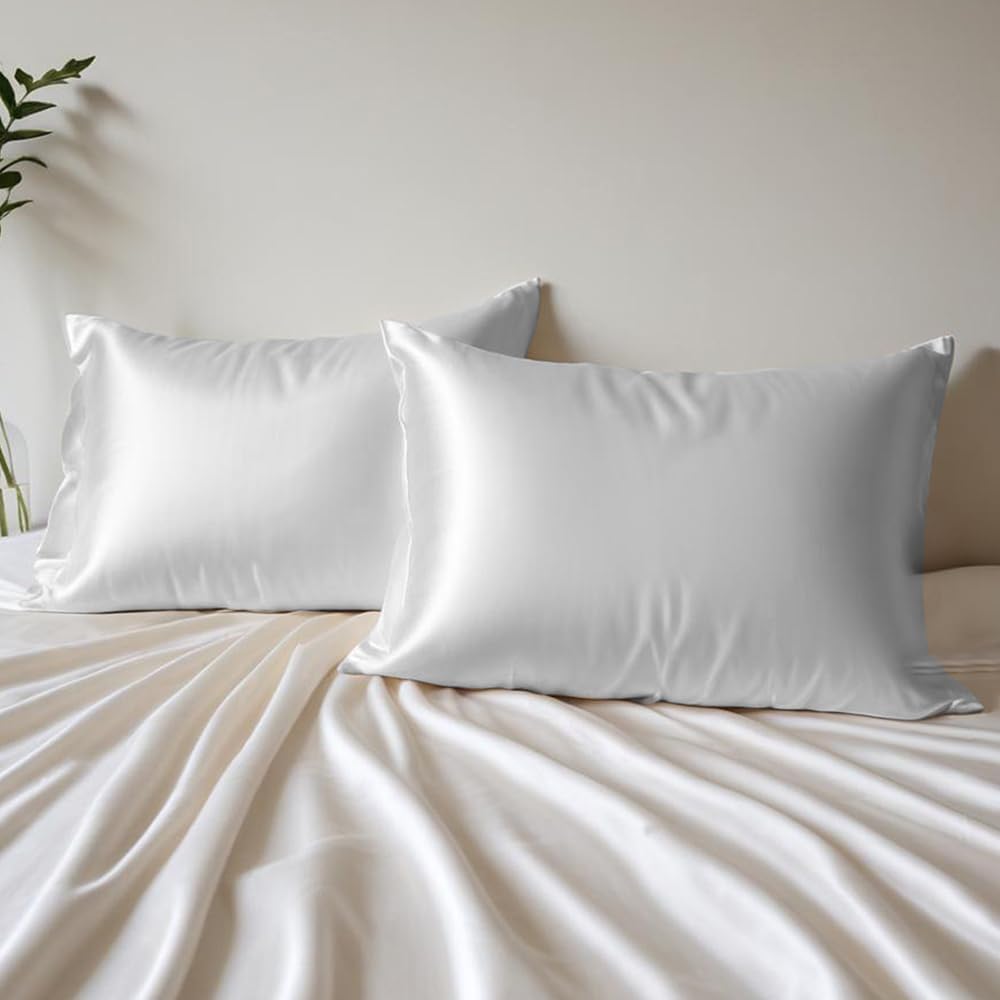 Layers Micro Satin Silky Pillow Cover Set & Drawstring Pouch (Pack of 2) |Durable Satin Pillow Cover with Envelope Closure |Luxury Satin Pillow Covers | Cozy Micro Satin Pillow Covers - 85 GSM, White