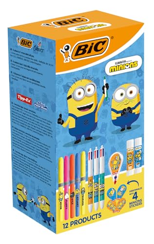 BIC Minions Kit da 12 pezzi di cancelleria in edizione limitata, con penne a sfera in 4 colori a punta media (1,0 mm), evidenziatori a punta smussata, cancellino a nastro da 6 m, colla, adesivi