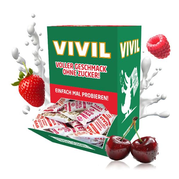VIVIL Creme Life Frucht, Mischbox mit Erdbeere, Himbeere und Kirsche, fruchtige Sahnebonbons für den unbeschwerten Genuss, zuckerfrei, glutenfrei