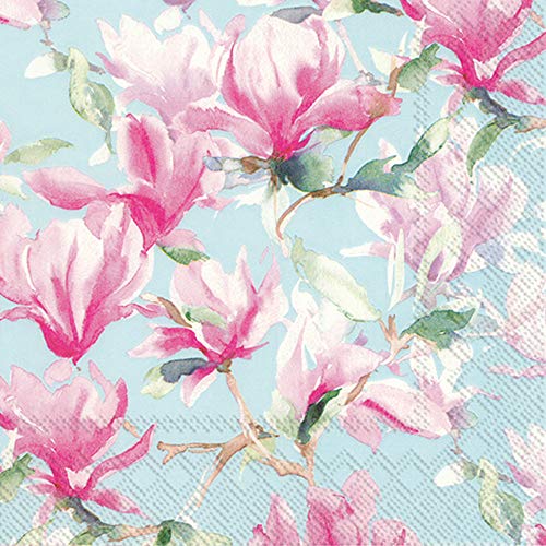 Boston International IHR Papierservietten, 3-lagig, 16,5 x 16,5 cm, Magnolia Posie hellblau