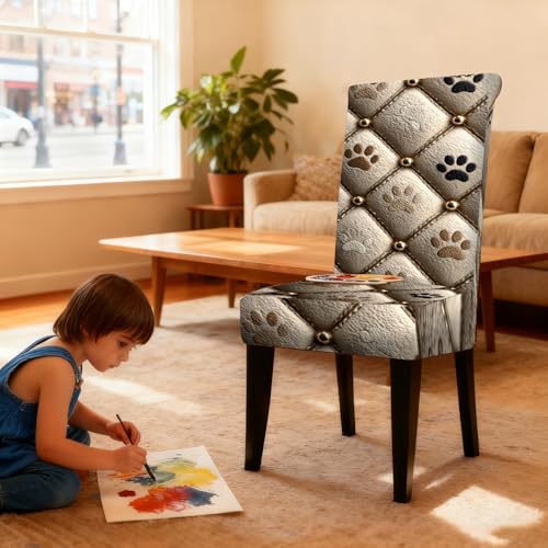 Image of Nuxovilar Beige Paw Print Quilted Stretch 23.6x70in 4PCS Chair Covers | Stretch Slipcover Pet Protector Quilted Wrap Seat Guard Dining Room Family Kitchen Dog Cafe (Beige Paw)