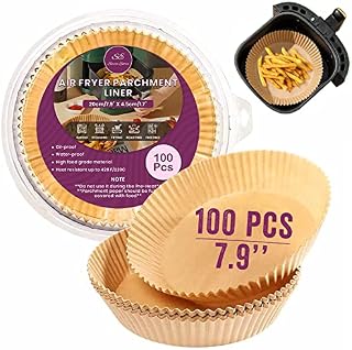 Siesta Entice Air Fryer Liners, Round Disposable Parchment Paper Liners for Air Fryer Basket, Unbleached, Non-Stick, Oil- Water-Proof Liners (7.9*1.77 inches)