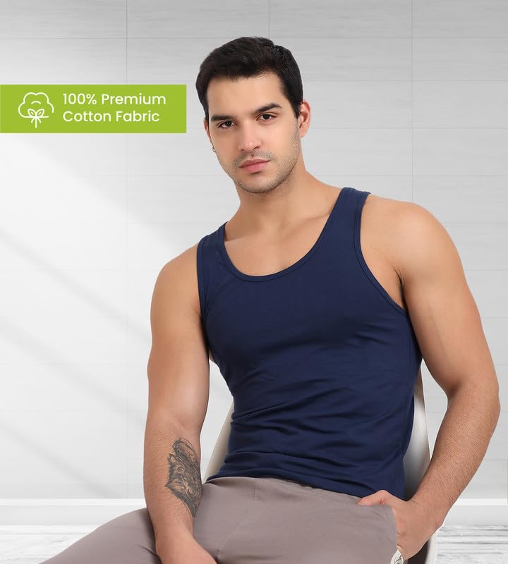 Image of Freecultr Cotton Vest for Men Sleeveless Lightweight Solid Round Neck Comfort Vest | Ultra-Soft Breathable Innerwear Sando for Gym, Sports, Workout, and Everyday Wear | Regular Fit and Durable Design