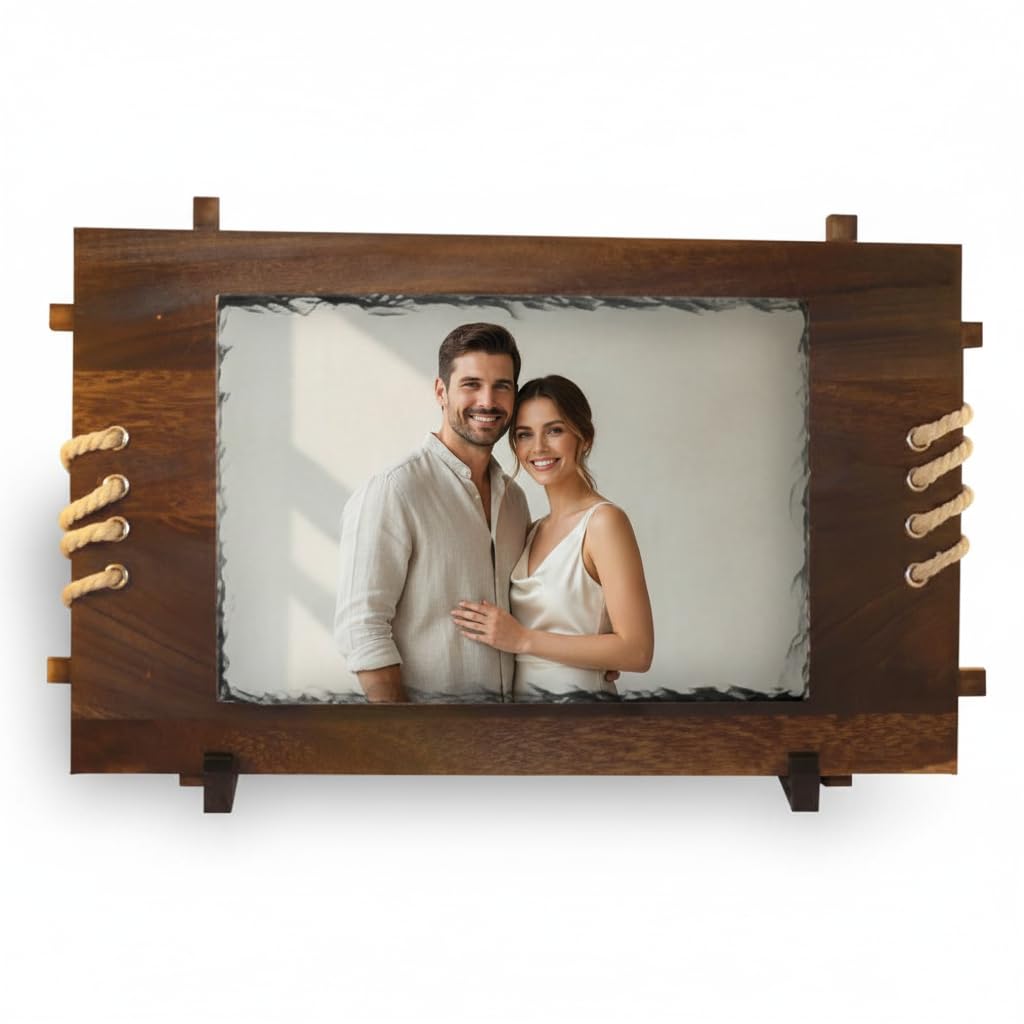 Placa de granito con marco de madera personalizable | Grabado UV con nombre, foto o logotipo | Regalo artesanal rústico para hogar, oficina o empresa - 50 x 35cm