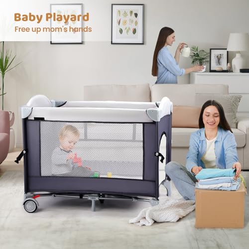 Image of JOYMOR Pack and Play with Changing Table, 5-in-1 Portable Baby Bedside Bassinet with Storage, Travel Crib with Carry Bag, Compact Fold (Gray)