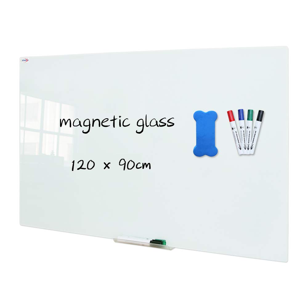 XIWODE Magnetic Glass Dry Erase White Board, 120 x 90cm, Wall Mounted Tempered Glass Whiteboard, Frameless, White Frosted Surface