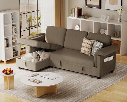 JUMMICOSleeper Sofa L-Shaped Pull Out Sofa Bed with Storage Space Convertible Sectional Couches for Living Room/Bedroom/Office/Small Space (Linen Fabric, Brown)