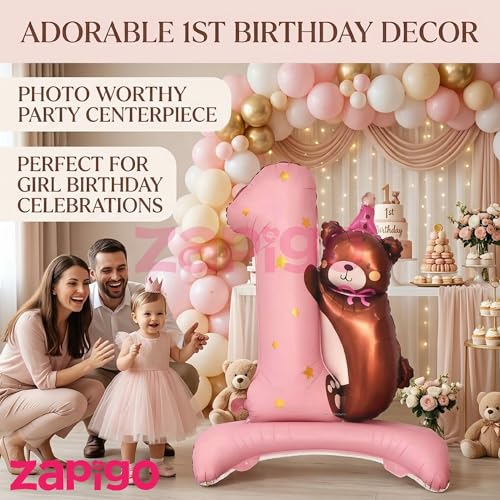 Image of Balloonistics Number 1 Self-Standing Pink Foil Balloon with Teddy Bear | 1st Birthday Baby Girl Decoration | First Birthday Pink Balloon | No Helium Needed