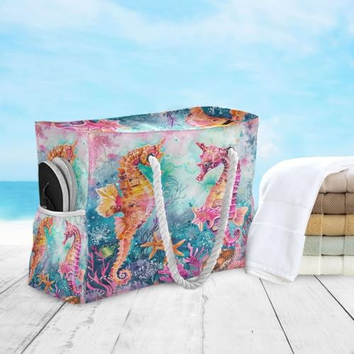 Image of Beach Tote Bags for Women, Turtle Flower Starfish Large Beach Shoulder Bag Pool Bags Purse