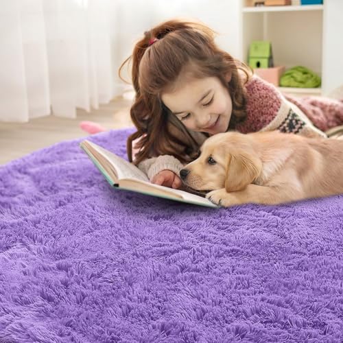 OLANLY Purple Round Rugs for Bedroom - Machine Washable, 7 ft Circle Area Rugs for Living Room, Soft and Fluffy Shaggy Carpet for Teen Girls and Boys, Nursery Rooms, Dorms, Home Decor Aesthetic