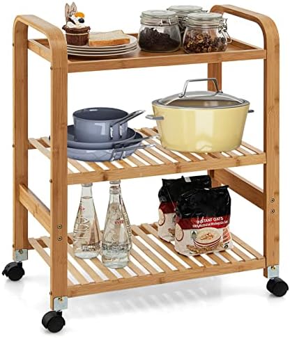 SogesHome Küchenwagen Aus Bambus - Mobiler Servierwagen Mit 3 Ablagen & Rollen - Vielseitiger Beistellwagen Für Küche & Wohnung